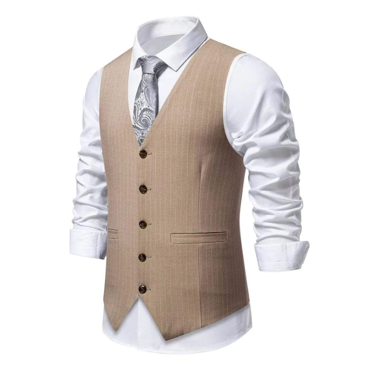 Men's striped formal vest with miter hem and embedded-line pockets in polyester