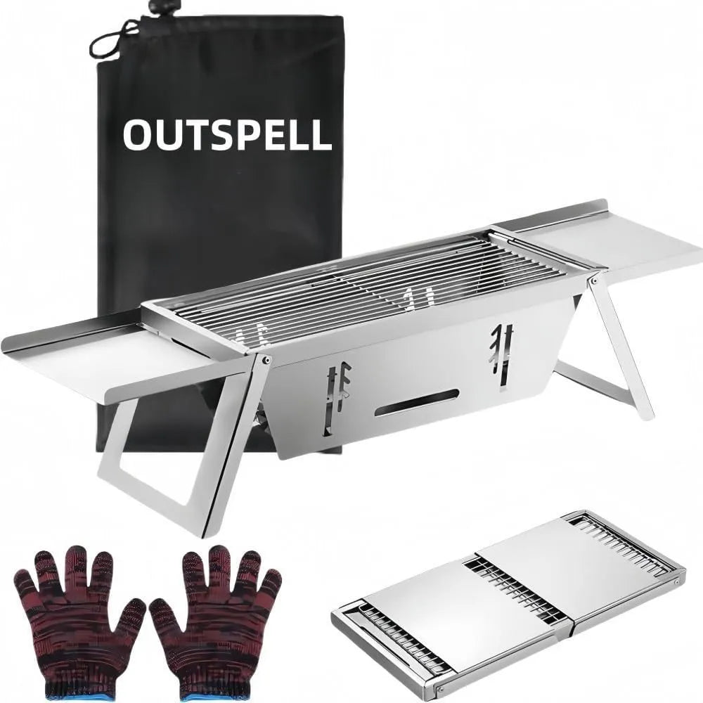 Small portable charcoal grill shown in a folded position for compact storage.
