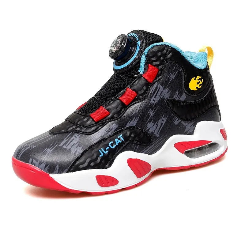 Children's basketball shoes with rotating button fastening in multiple colour options