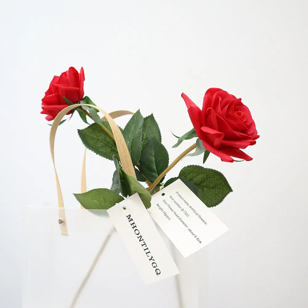 Silk artificial rose bouquet with 8.5cm flower heads in red, orange, white or purple fringe pink colours