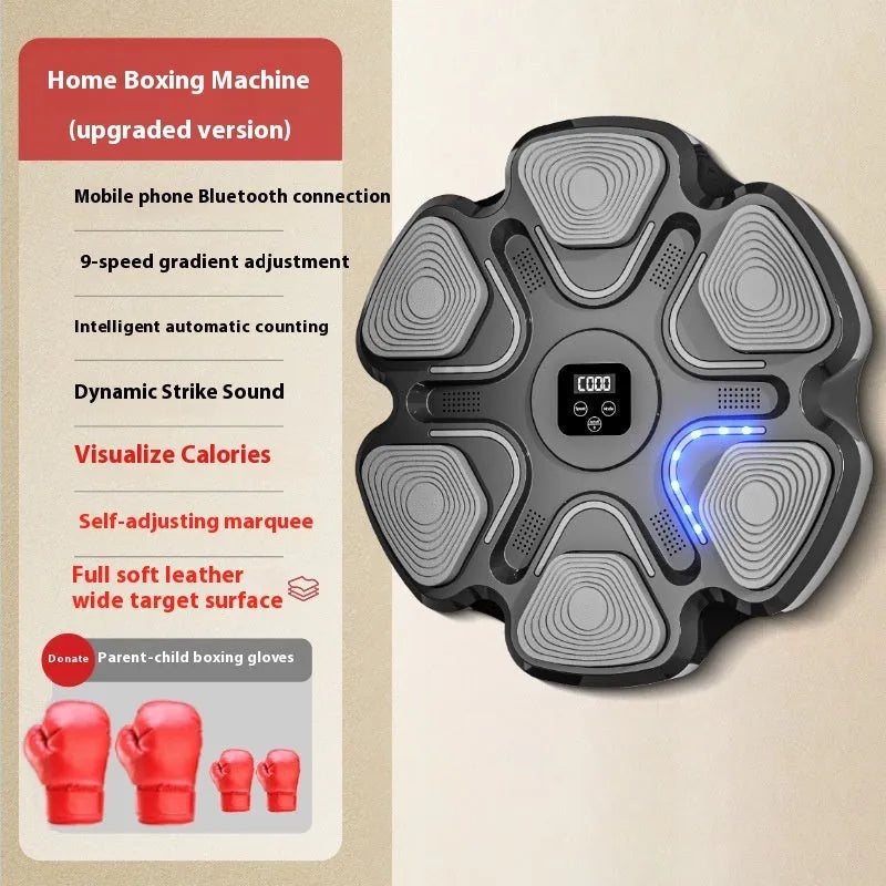 Smart electronic boxing target mounted on a wall, with black and white boxing gloves for reaction training.