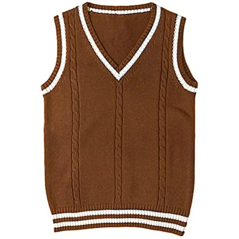 Women's slim-fit V-neck knitted waistcoat with striped stitching in acrylic fibre