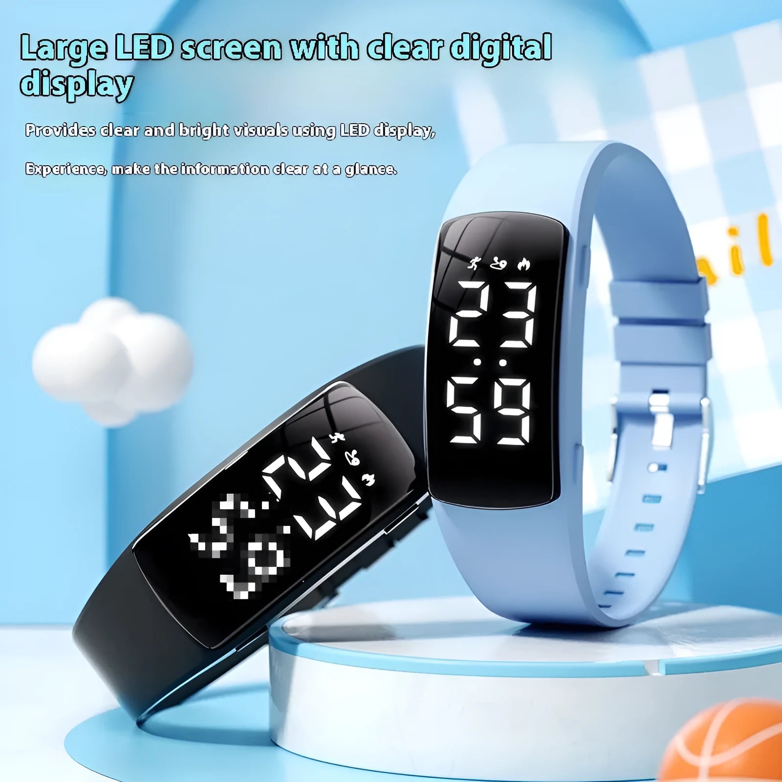 Waterproof vibration alarm electronic watch with LED display on silicone strap