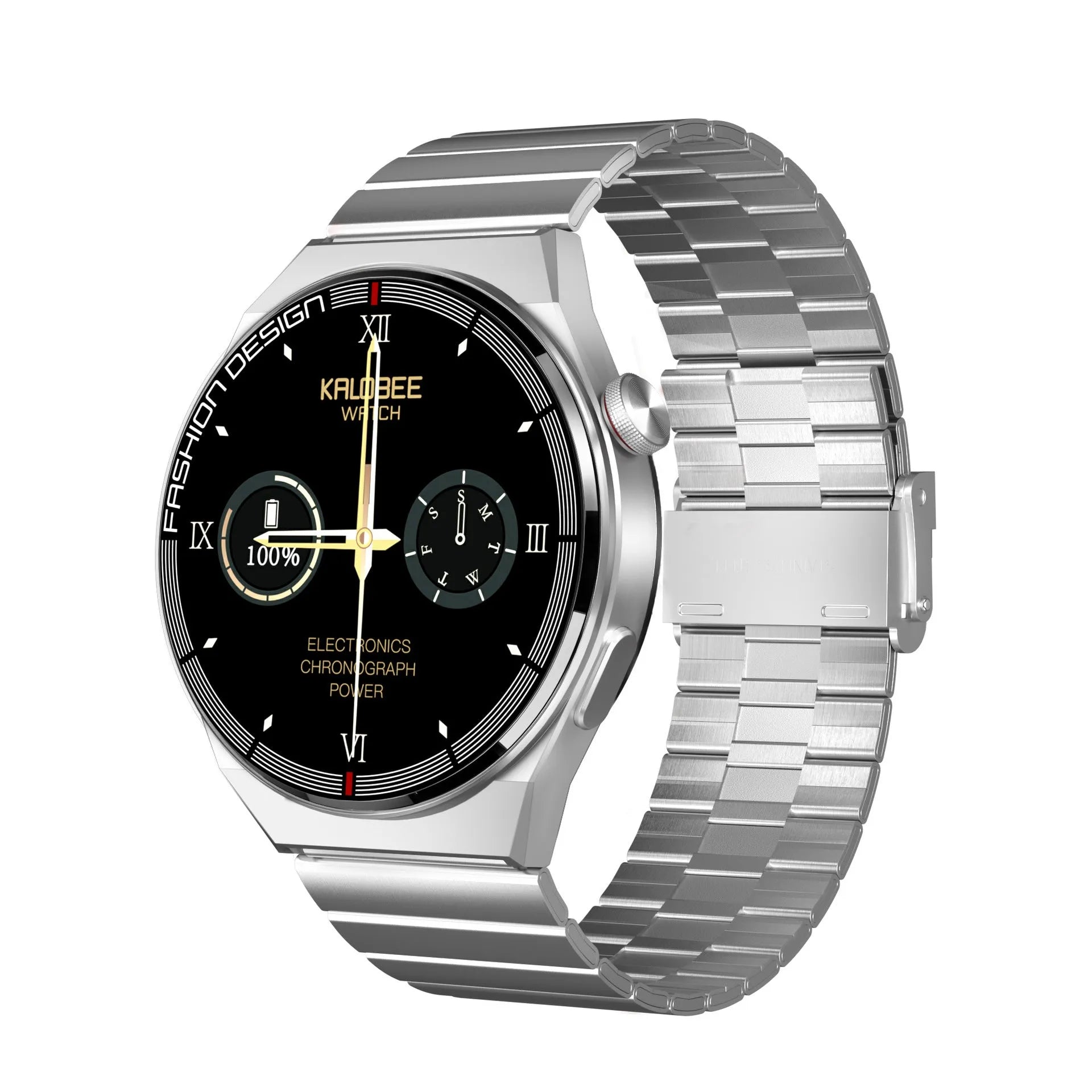 Black smartwatch with 46mm case on silicone strap showing heart rate monitoring display