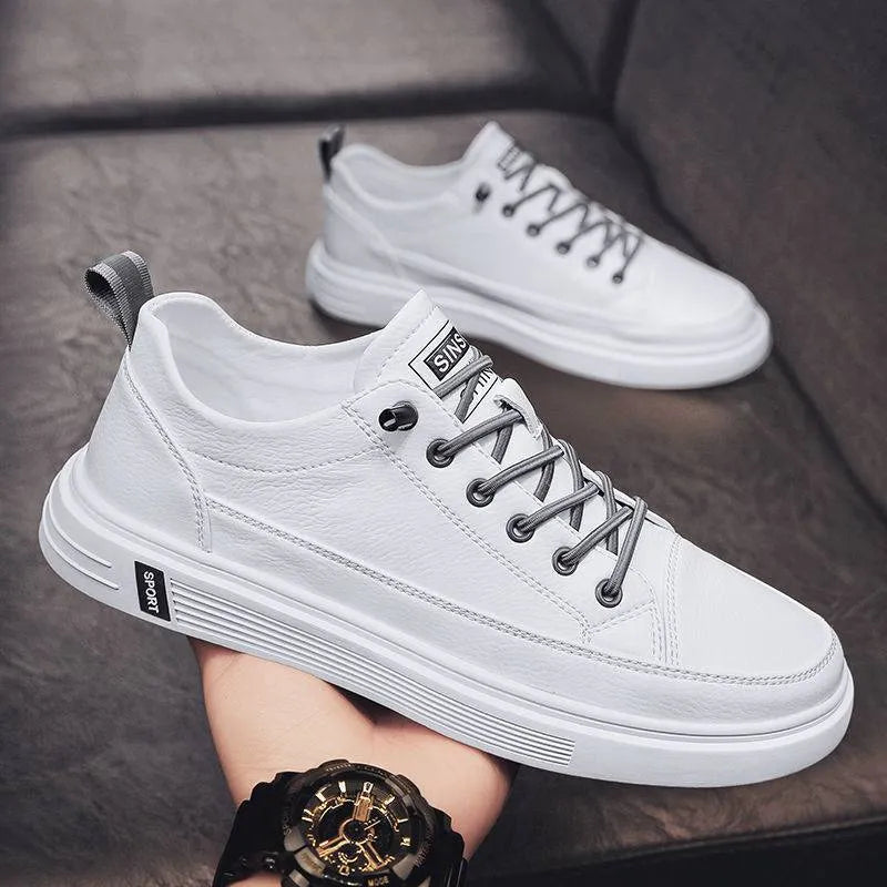 Men's casual PU leather shoes in beige, white, and black with flat sole and low heel