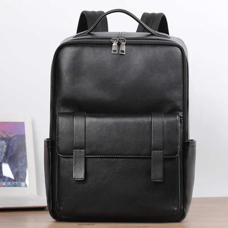 Men's large capacity leather computer backpack in black with woven detailing