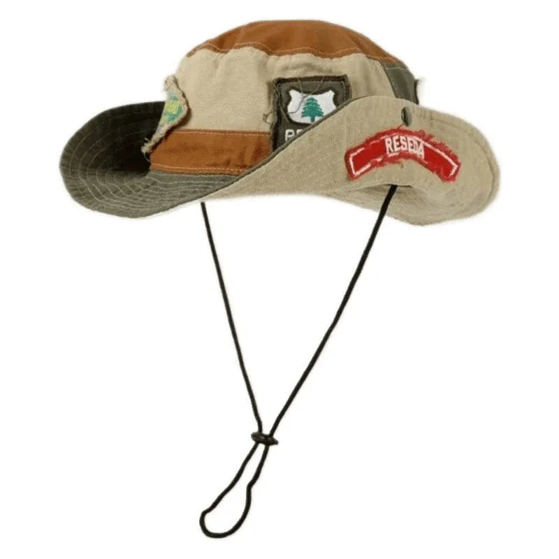 Army green cotton fisherman hat with patchwork detailing and flat top crown