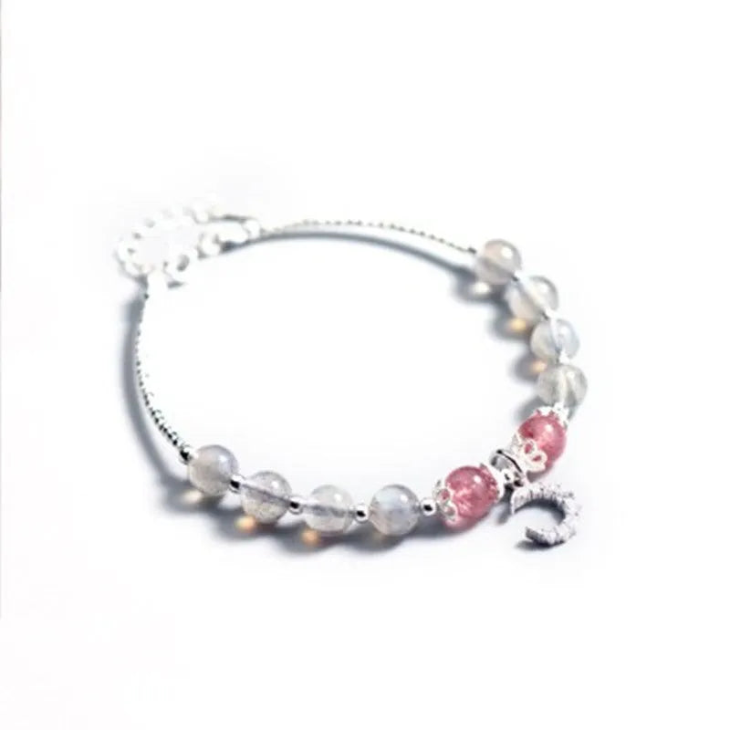 Natural moonstone adjustable bracelet with silver extension chain and crescent moon accent