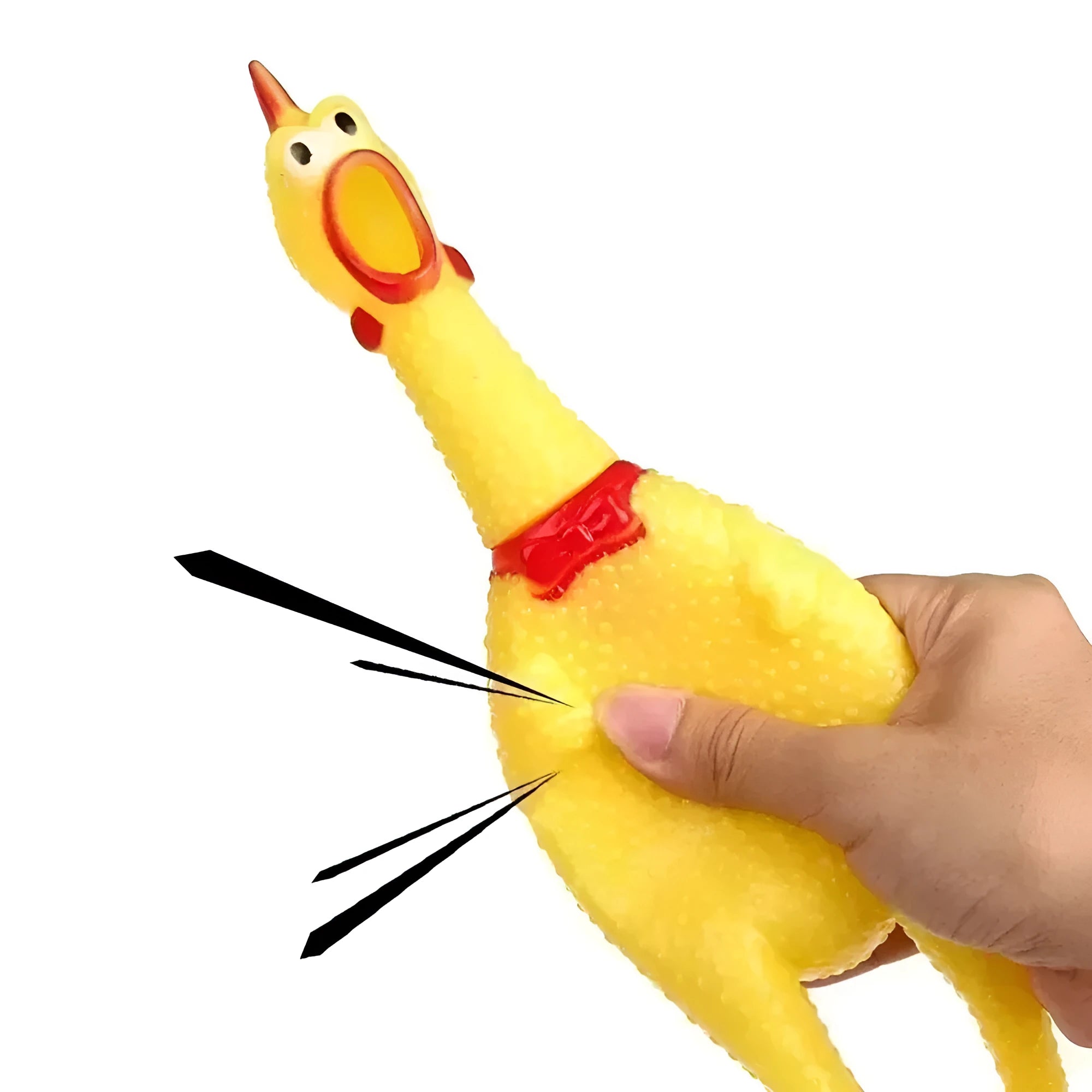 Yellow rubber screaming chicken dog toy shown in three sizes for different breed dogs