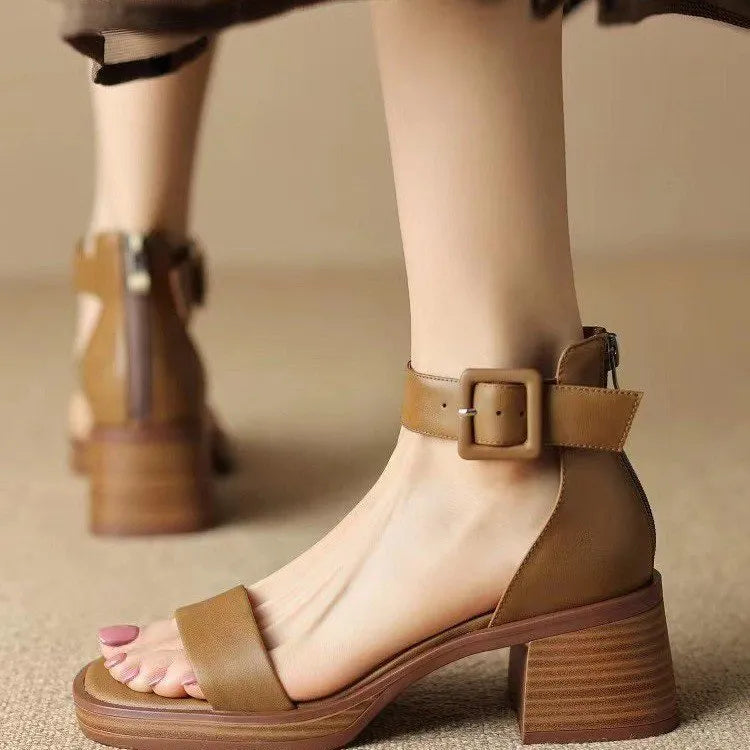 Women's retro ankle-strap platform high heels in white or khaki with round toe