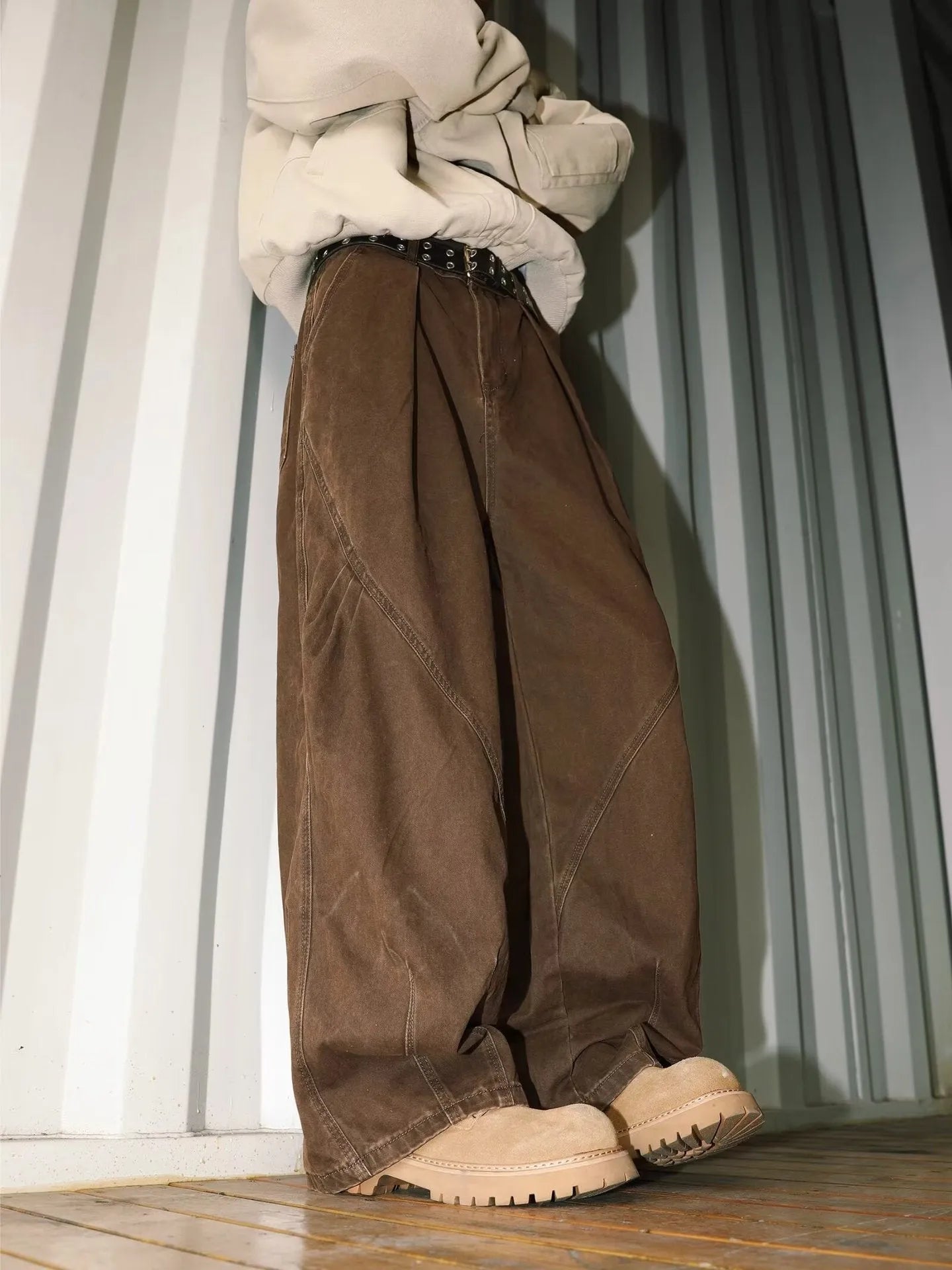Men's pleated straight-leg loose trousers in striped apricot, black, or brown cotton-polyester fabric