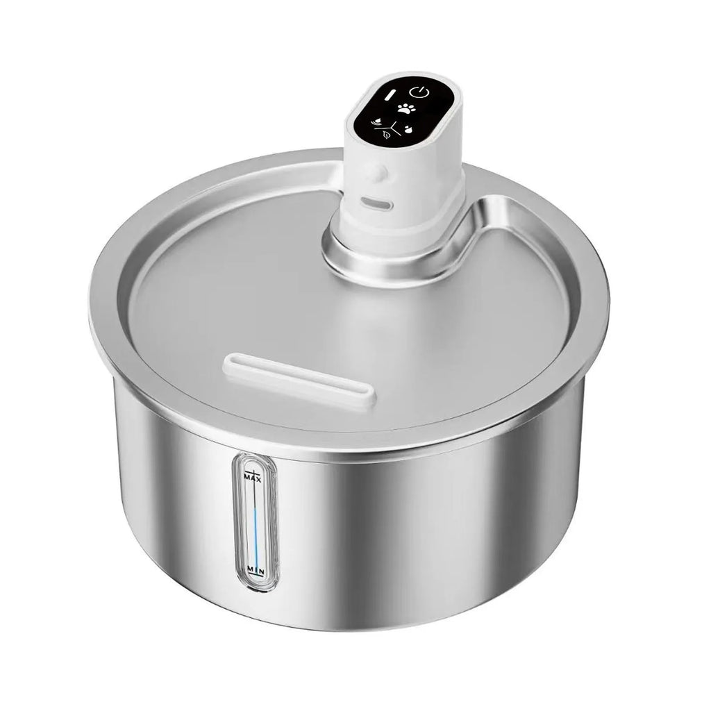 Stainless steel pet water fountain with heated base on countertop