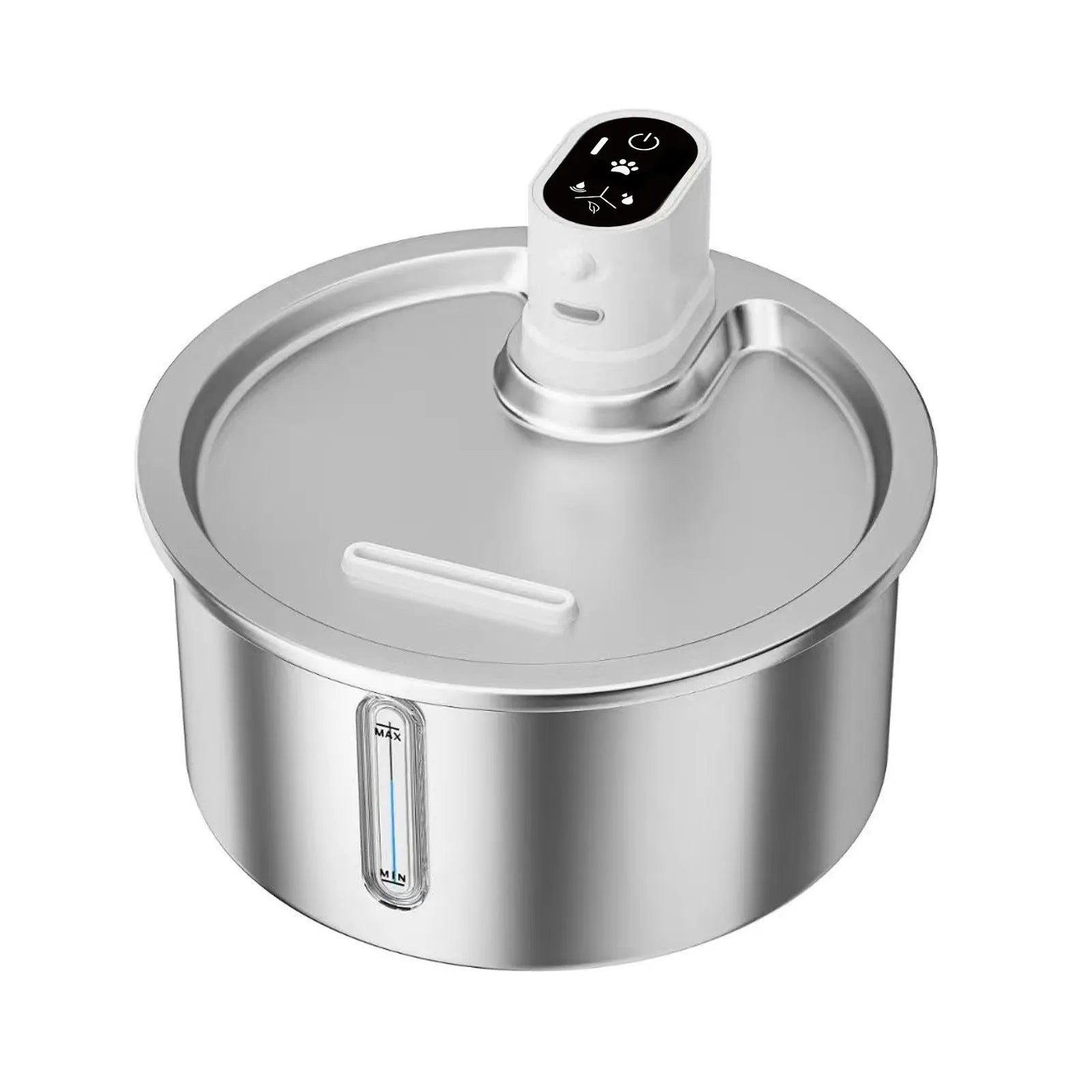 Stainless steel pet water fountain with heated base on countertop