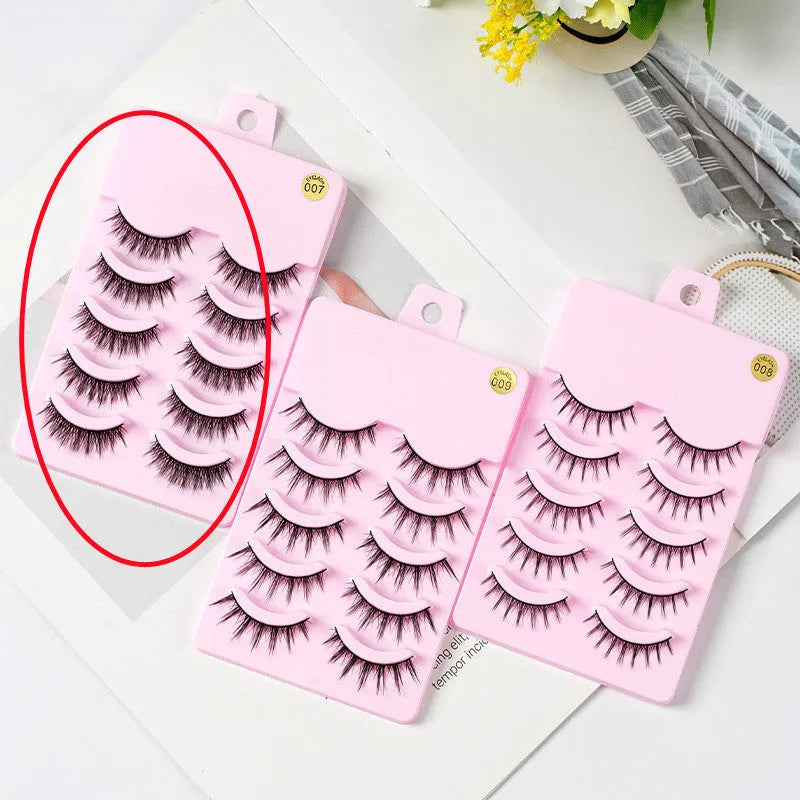 Five pairs of natural wispy false eyelashes on a card for manga anime cosplay and Korean style makeup.