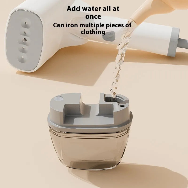 Blue and white handheld garment steamer with compact design and water tank for household clothes care
