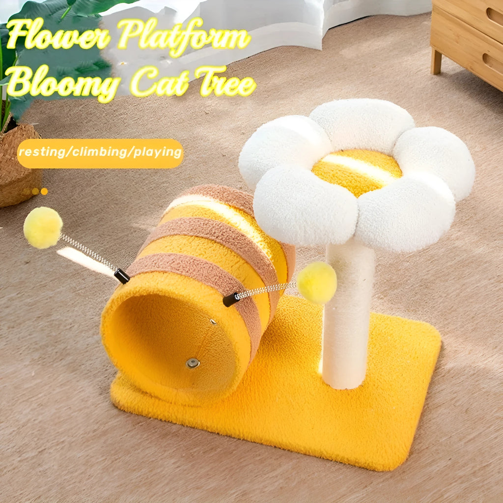 Yellow bee-themed cat climbing frame with sisal scratching board and play tunnel