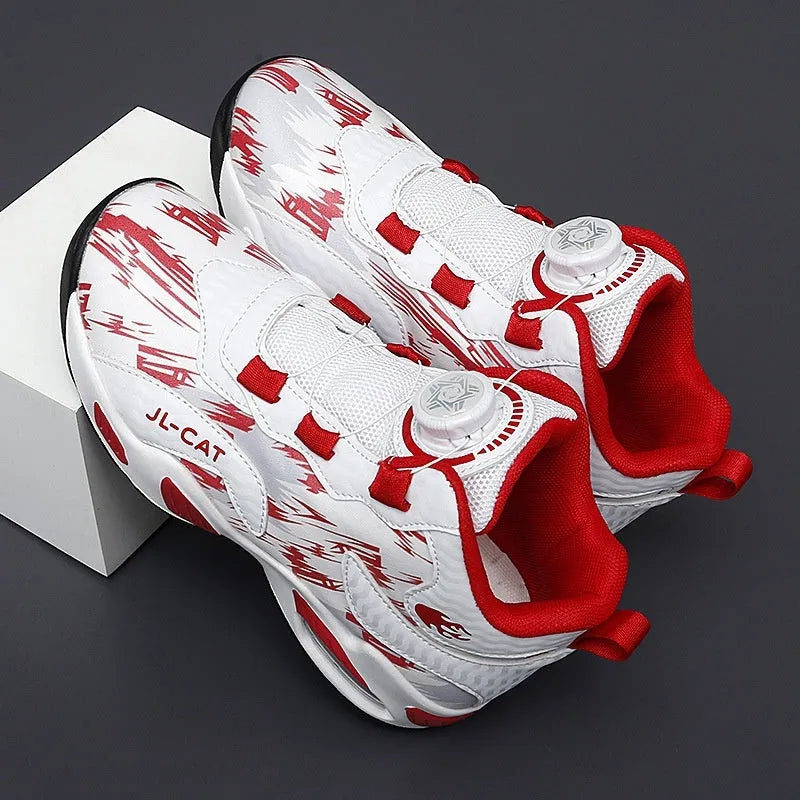 Children's basketball shoes with rotating button fastening in multiple colour options