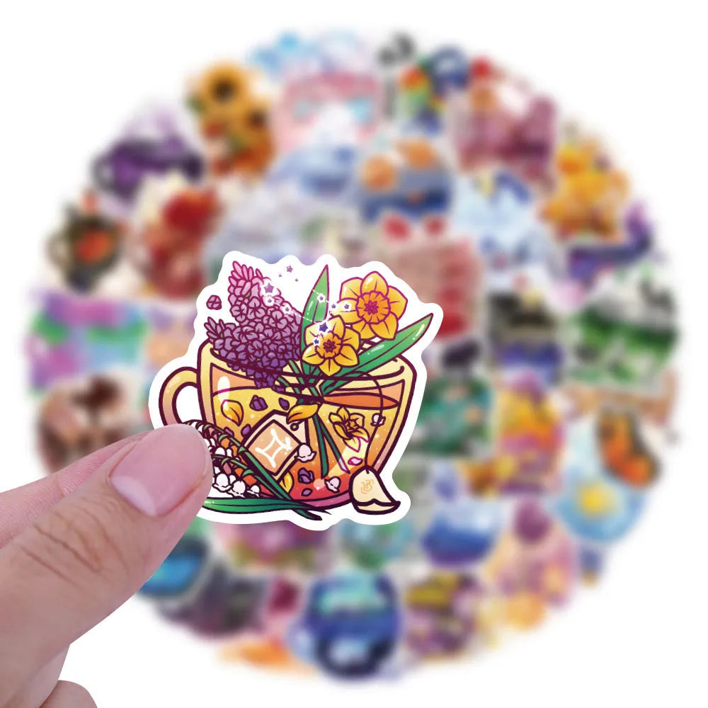 Colourful tea cup graffiti waterproof stickers in Nordic style for sports scooters