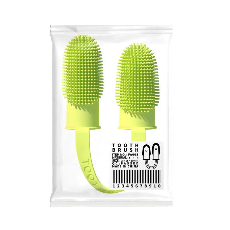 TPR silicone finger toothbrush for pet dental cleaning in blue green, pink, or yellow.