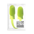 TPR silicone finger toothbrush for pet dental cleaning in blue green, pink, or yellow.
