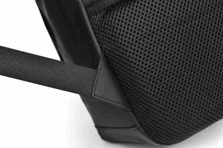 Waterproof PU leather backpack in black, blue or grey showing simple design and sewing thread detailing