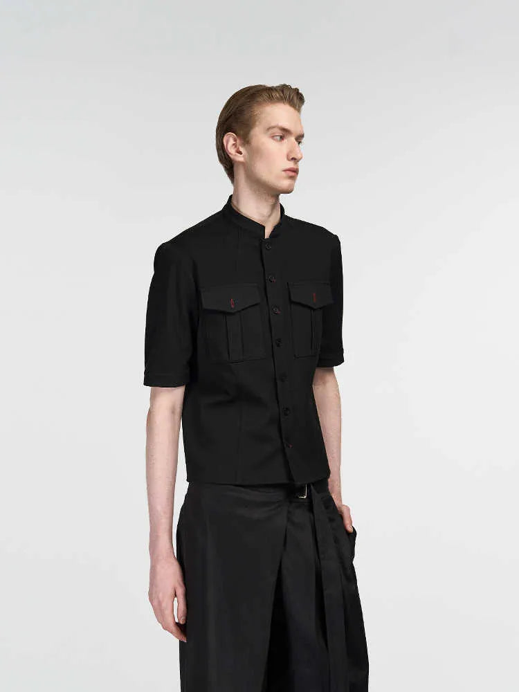 Handmade black hunting suit shirt with half sleeves, shirt collar, and single-breasted placket