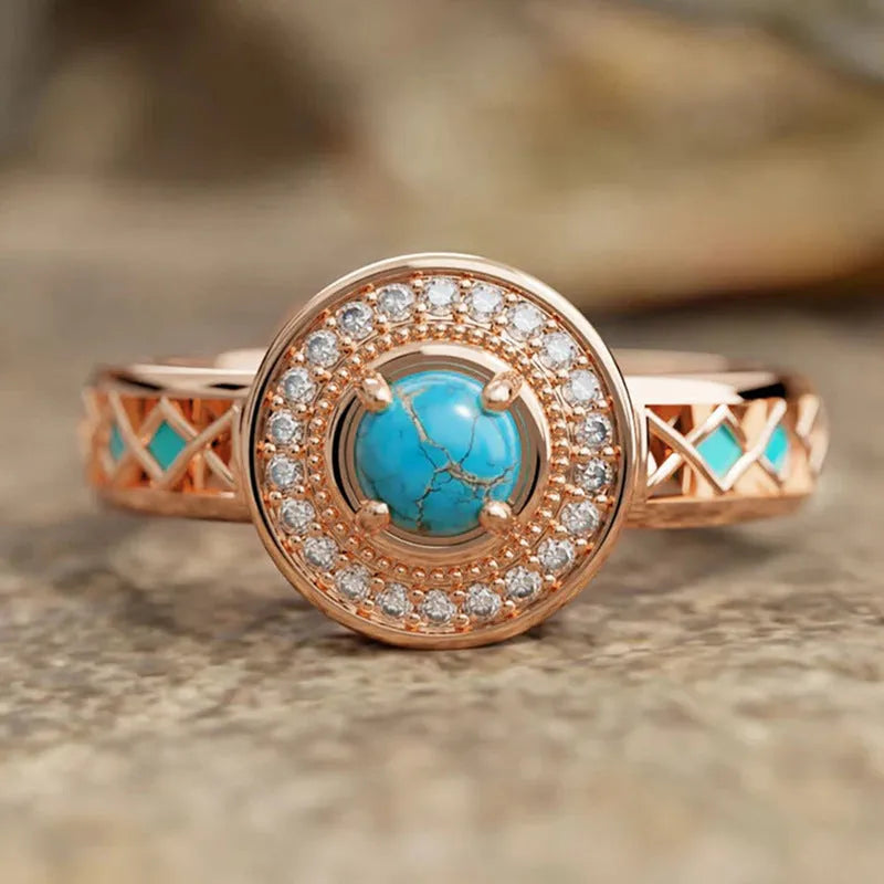 Rose gold women's turquoise ethnic style ring with geometric shapes and inlaid zircon decoration