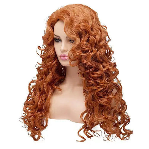 Brown long synthetic wig with tight, fluffy instant noodles-style curls for cosplay.