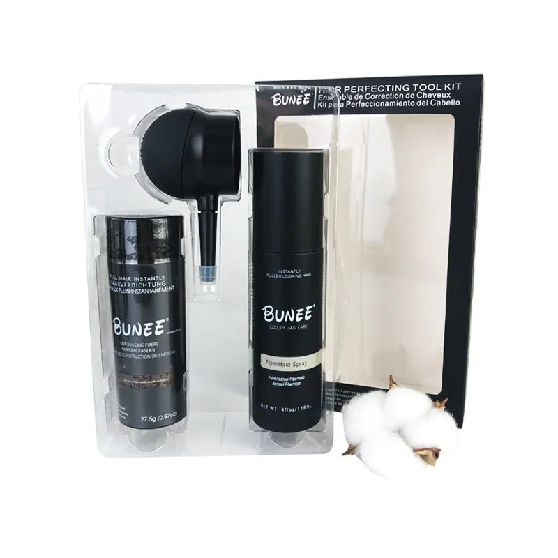 275g hair fibre powder canister, shaping spray bottle, and applicator nozzle for thickening sparse hair