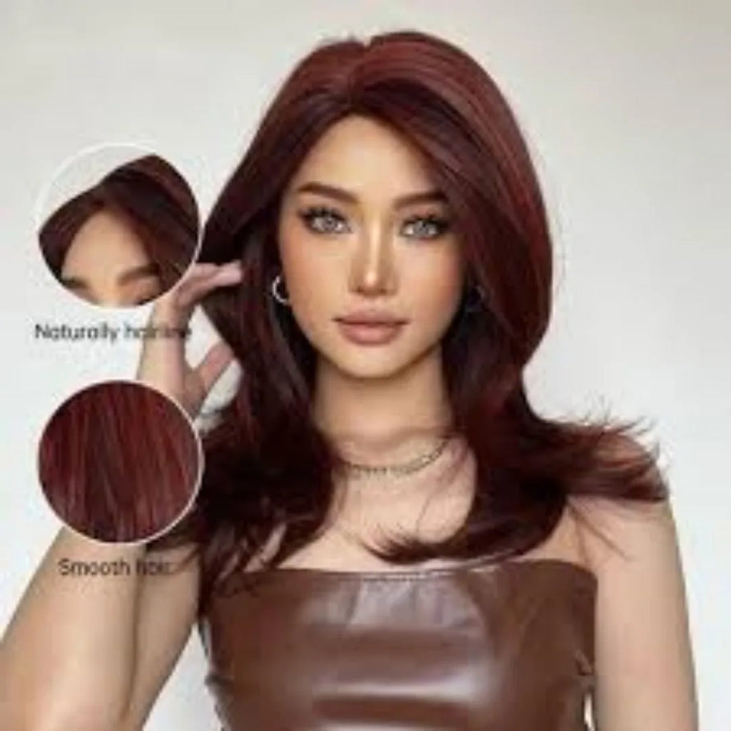 Mid-length platinum gradient colour wig with curly hair and fringe on model