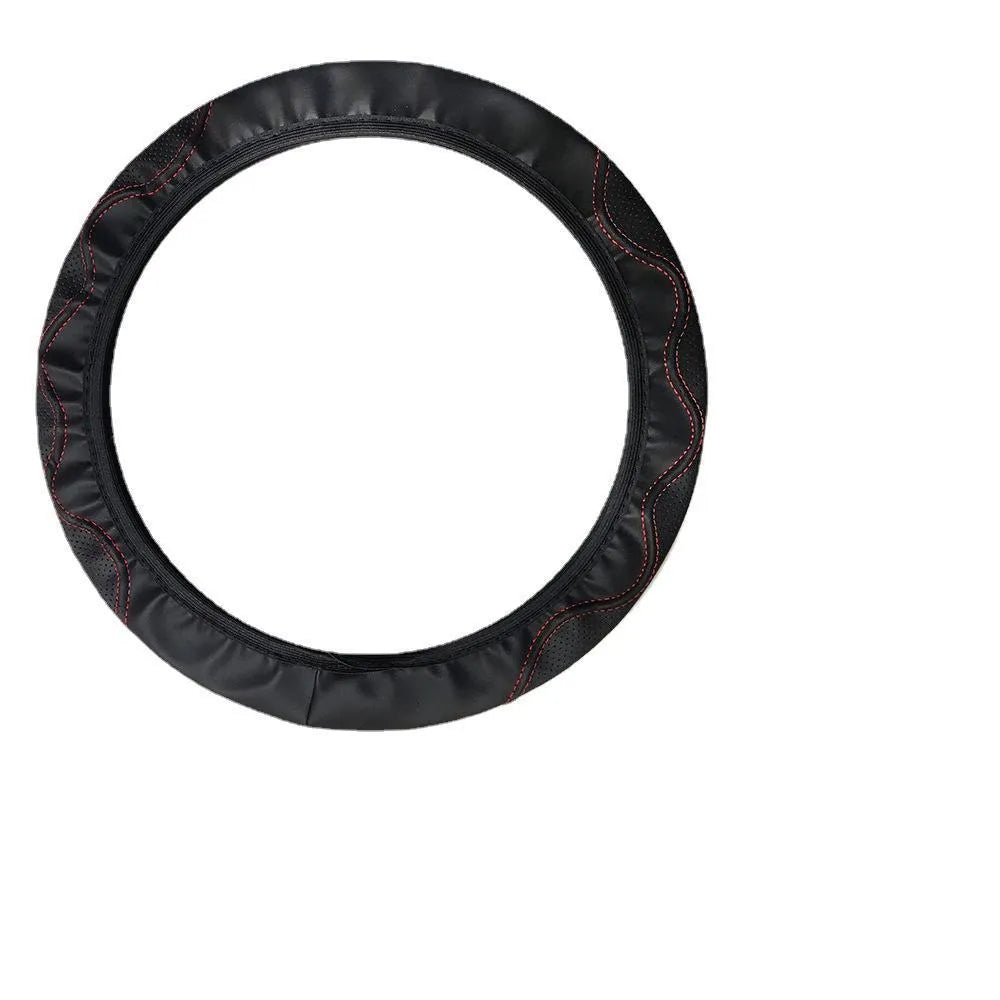 Elastic embossed corrugated PU leather steering wheel cover for 37-38cm diameter wheels in multiple colours.