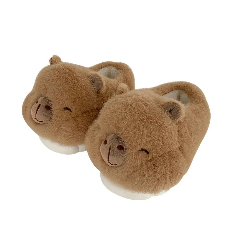 Light brown women's winter slippers with plush upper and oversleeve design