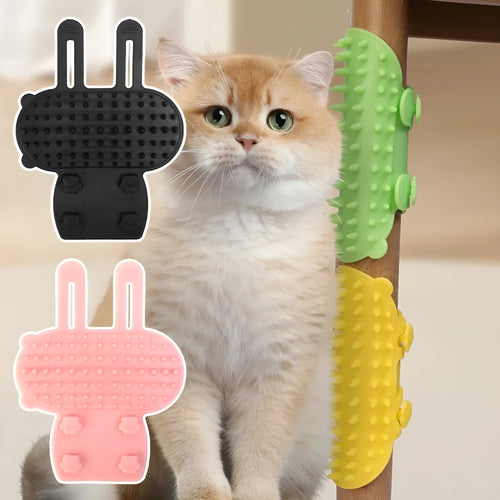 Silicone cat grooming comb with rounded teeth and adjustable strap in multiple colours