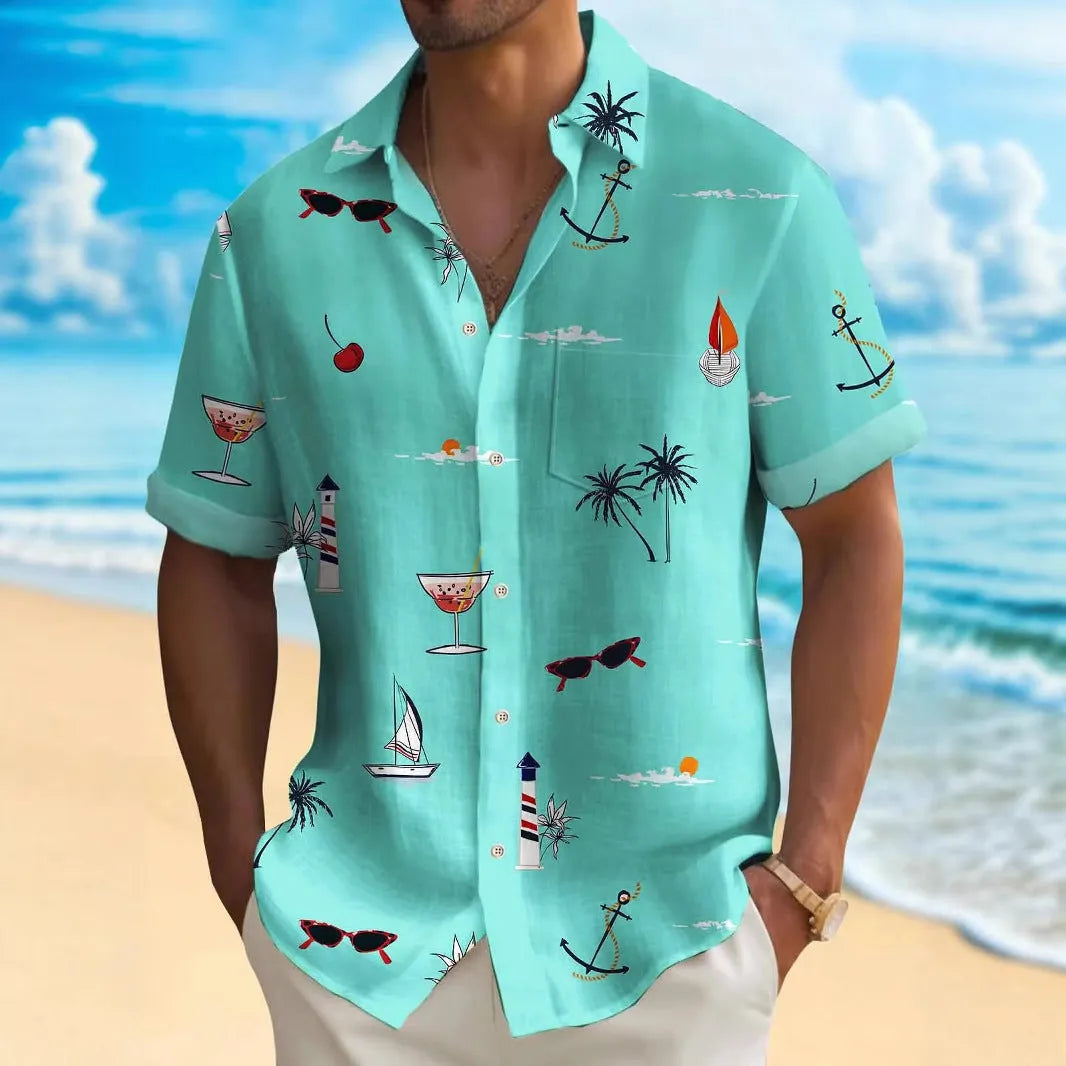 Men's short sleeve Hawaiian print shirt with colourful pattern on polyester fabric.