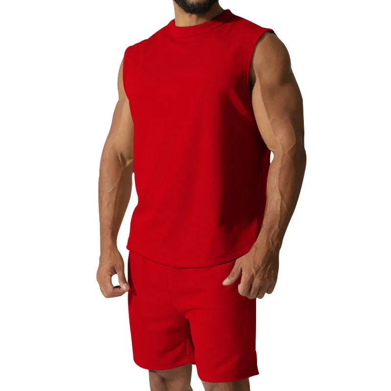 Men's sleeveless cotton blend sports top and matching shorts in a solid colour