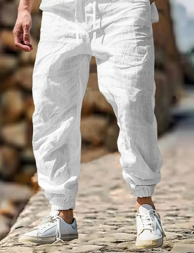 Men's straight-leg cotton linen trousers with elastic waistband in army green colour