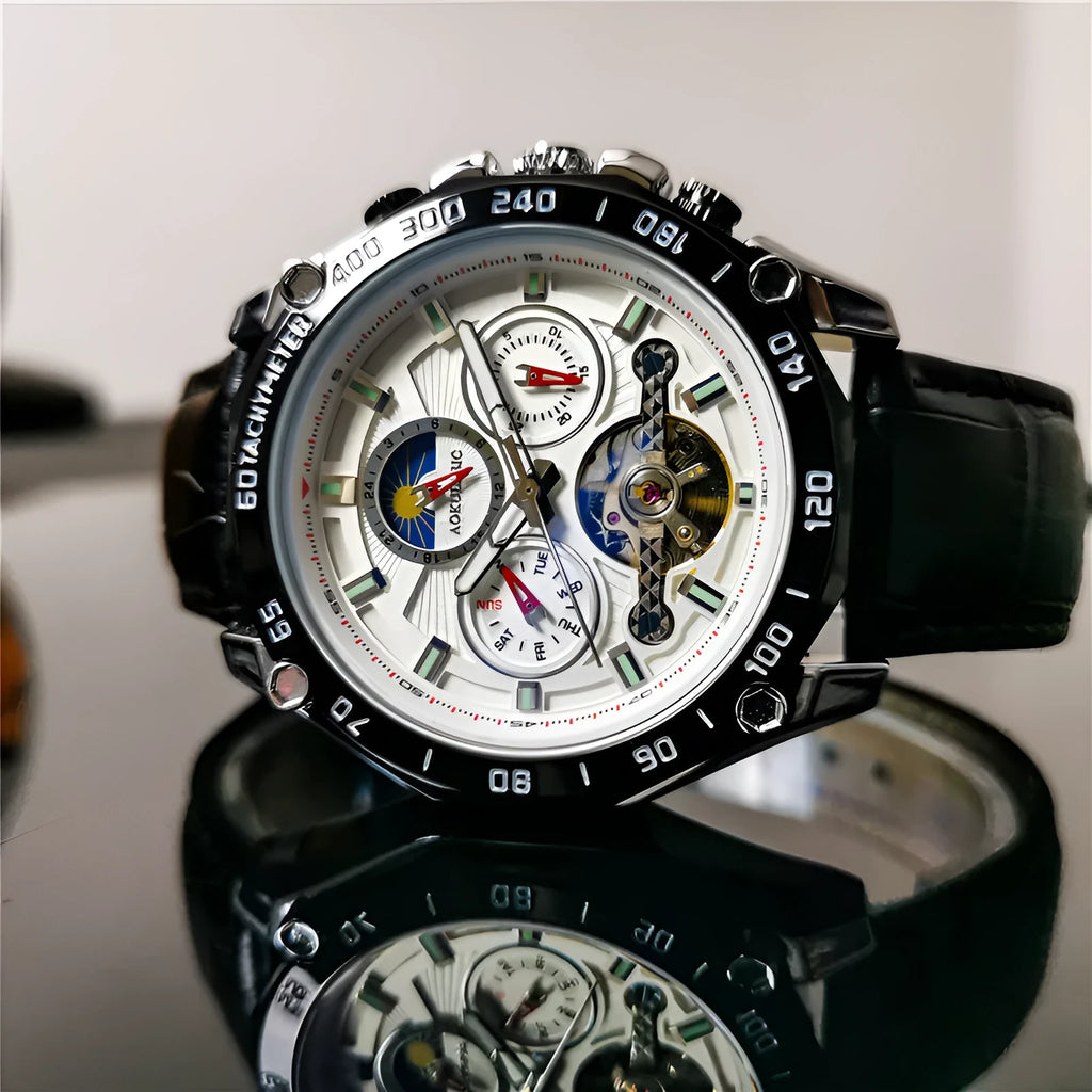 Men's automatic mechanical watch with stainless steel case on wrist, showing multi-functional dial.