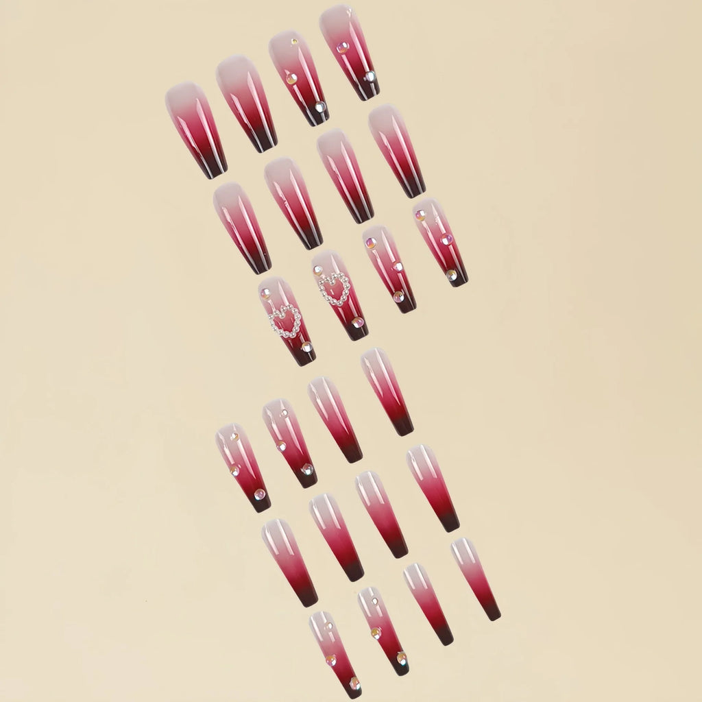 Wine red gradient plaid false nail tips with long ballet shape and jelly glue kit