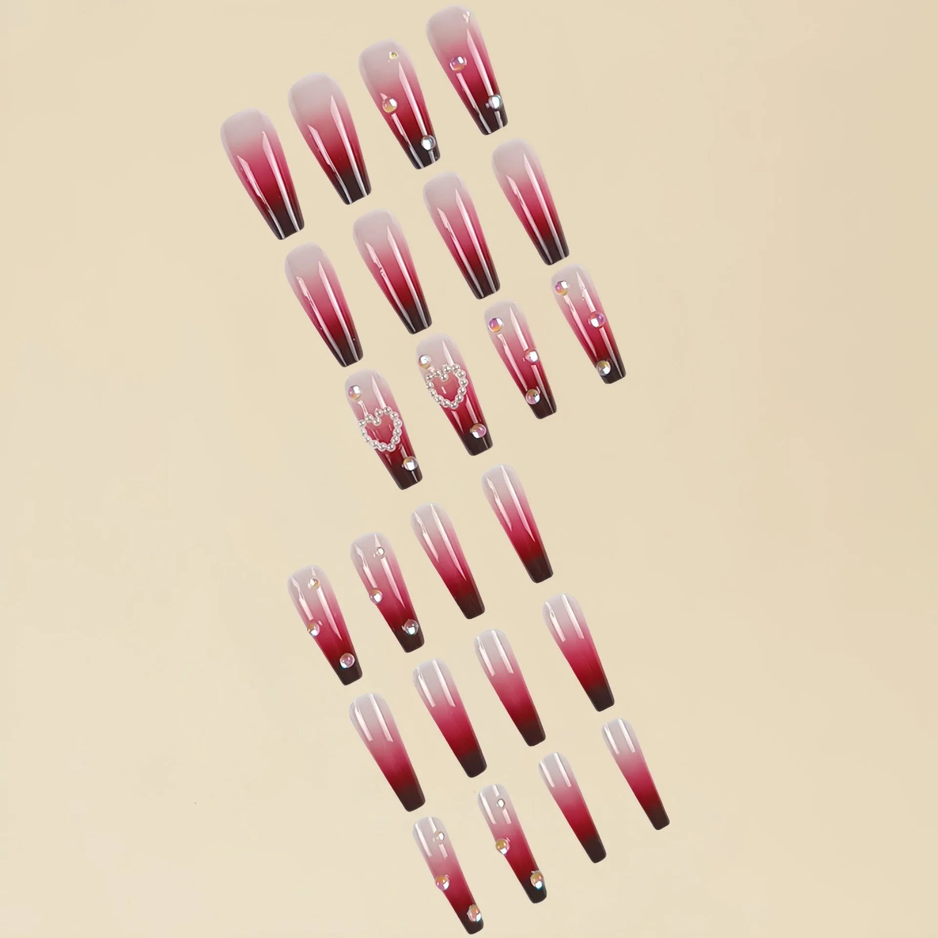 Wine red gradient plaid false nail tips with long ballet shape and jelly glue kit