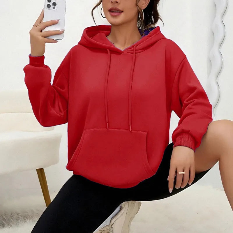 Women's loose fit gray sweatshirt with drawstring waist and front pockets, long sleeve casual top