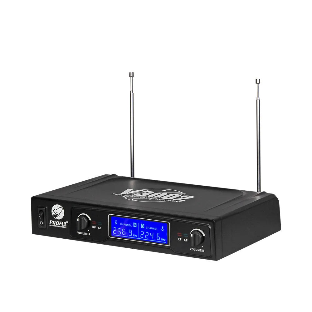 V-3002 wireless microphone system with two black handheld microphones and a transmitter unit.