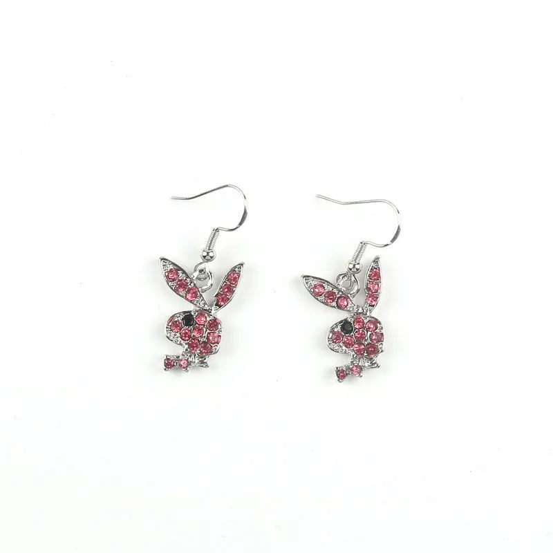 Rabbit stud earrings with diamond-cut pattern in gold, pink or silver alloy