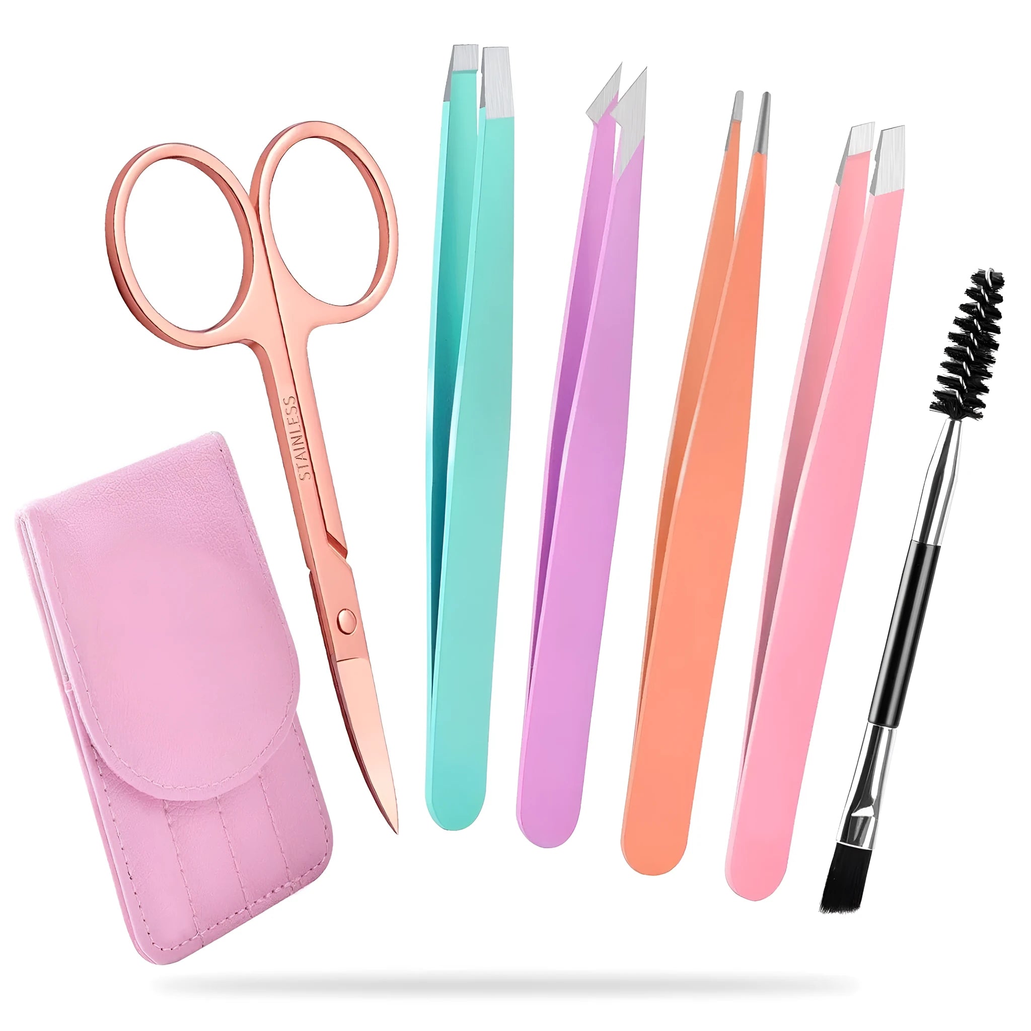 Professional six-piece eyebrow tweezers set with stainless steel tools and leather protective case