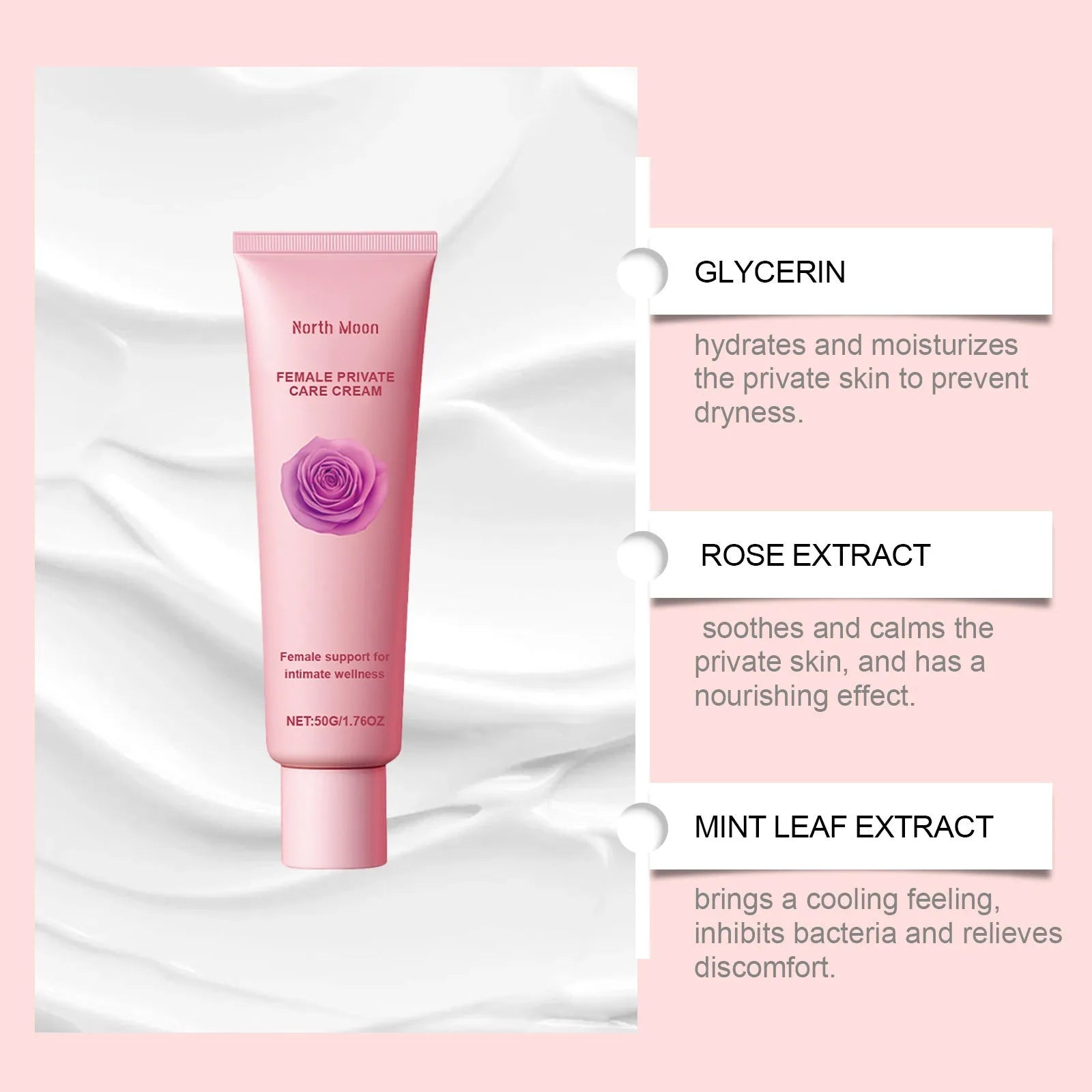 50g moisturizing cream jar with glycerol, mineral oil, rose and peppermint extracts for dry skin