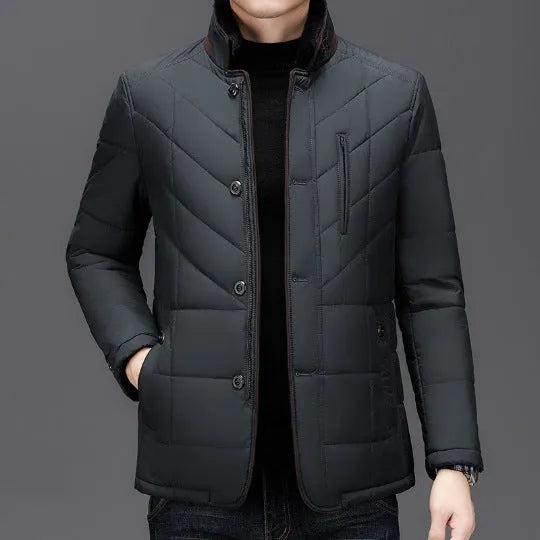 Men's solid colour winter short coat with side seam pockets, shown in dark blue.