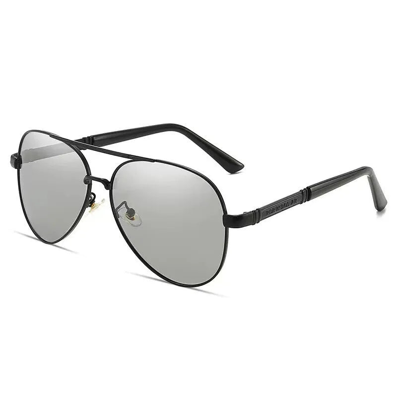 Men's metal frame polarised sunglasses in gold with grey lenses and dragon phoenix decoration.
