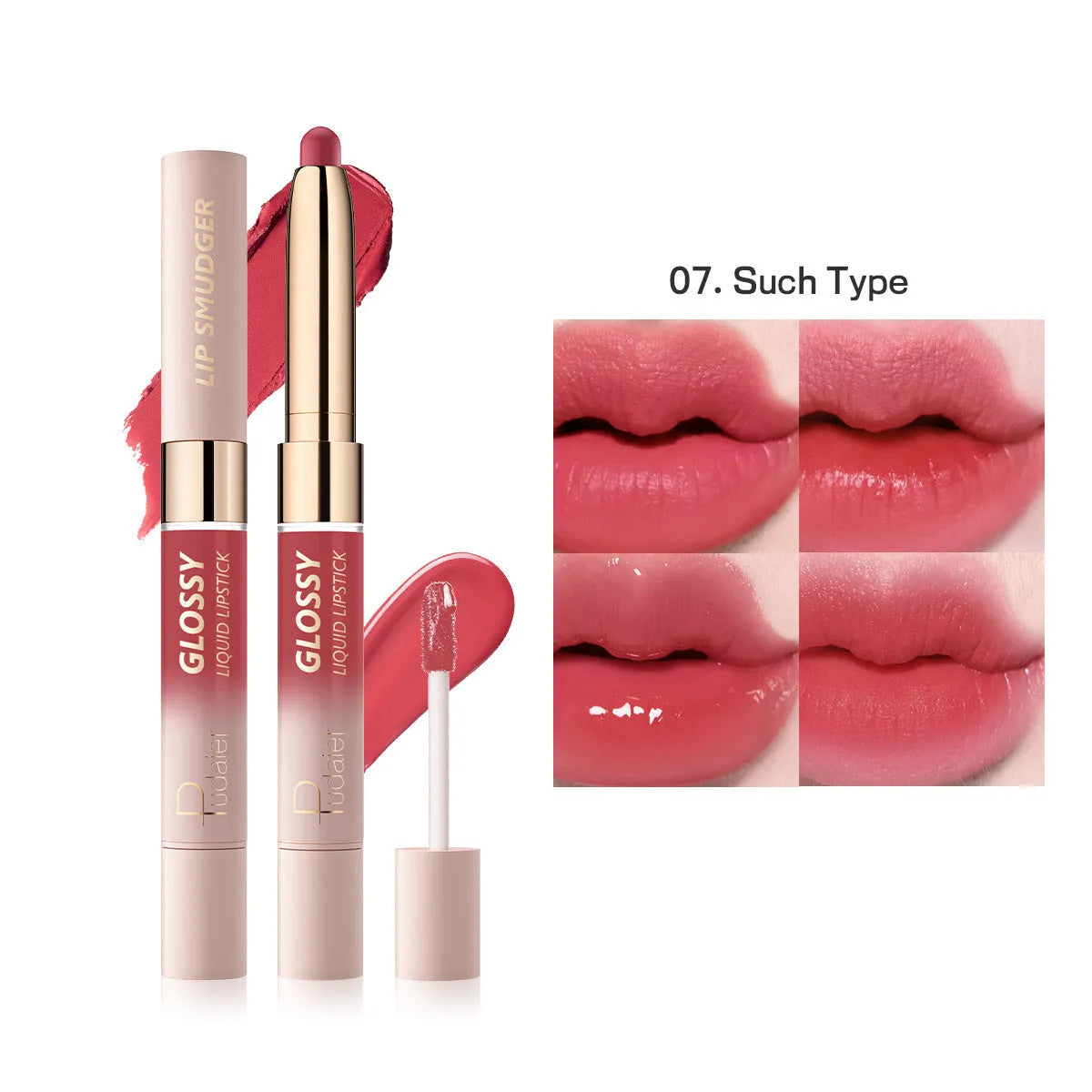 Double-headed lipstick showing matte finish on one end and matching gloss on the other