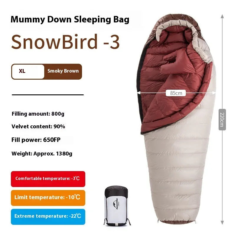 Adult mummy-style sleeping bag with goose down filler in multiple colour and weight options.