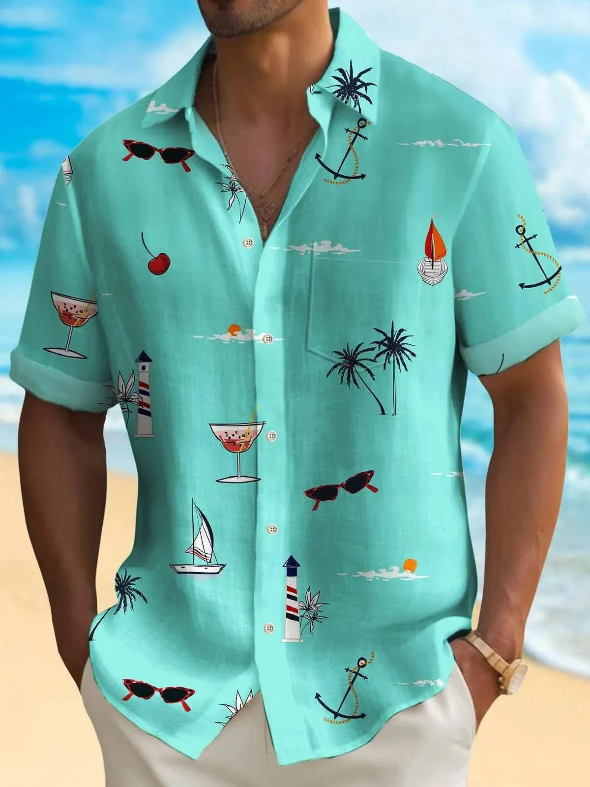 Men's short sleeve Hawaiian print shirt with colourful pattern on polyester fabric.