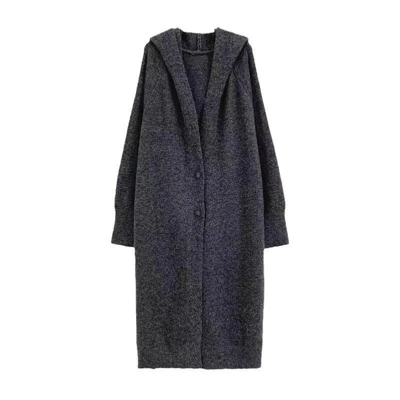 Women's long hooded cardigan in wool blend fabric showing below-the-knee length and loose fit silhouette